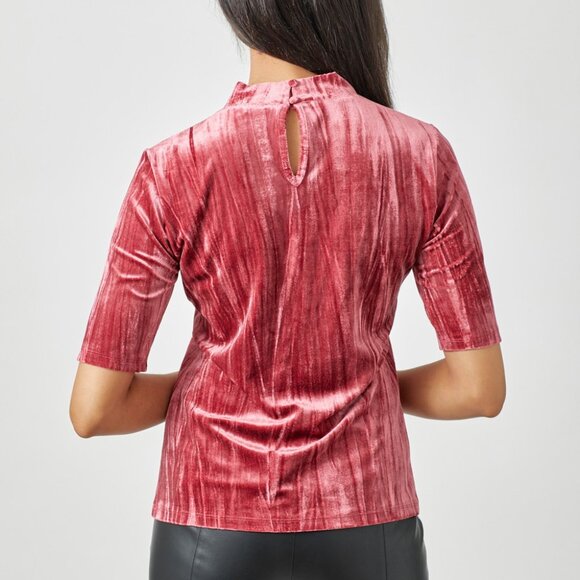 MYSTREE Velvet Mock Neck Short Sleeve Top, Dusty Rose Red, Soft Luxe Stretch - Picture 4 of 7
